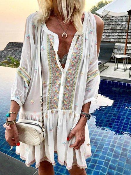 V Neck Long Sleeve Holiday Patchwork Casual Dresses