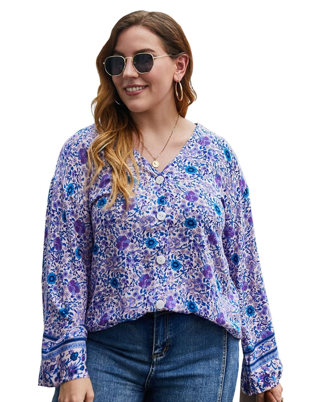 Plus Size V Neck Floral Retro Shirt