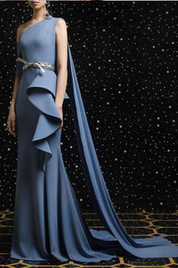 Elegant Vintage One Shoulder Sleeveless Irregular Falbala Plain Evening Dress