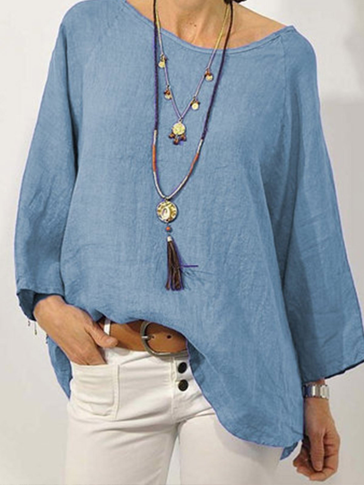 Solid Long Sleeve Linen Casual Tops