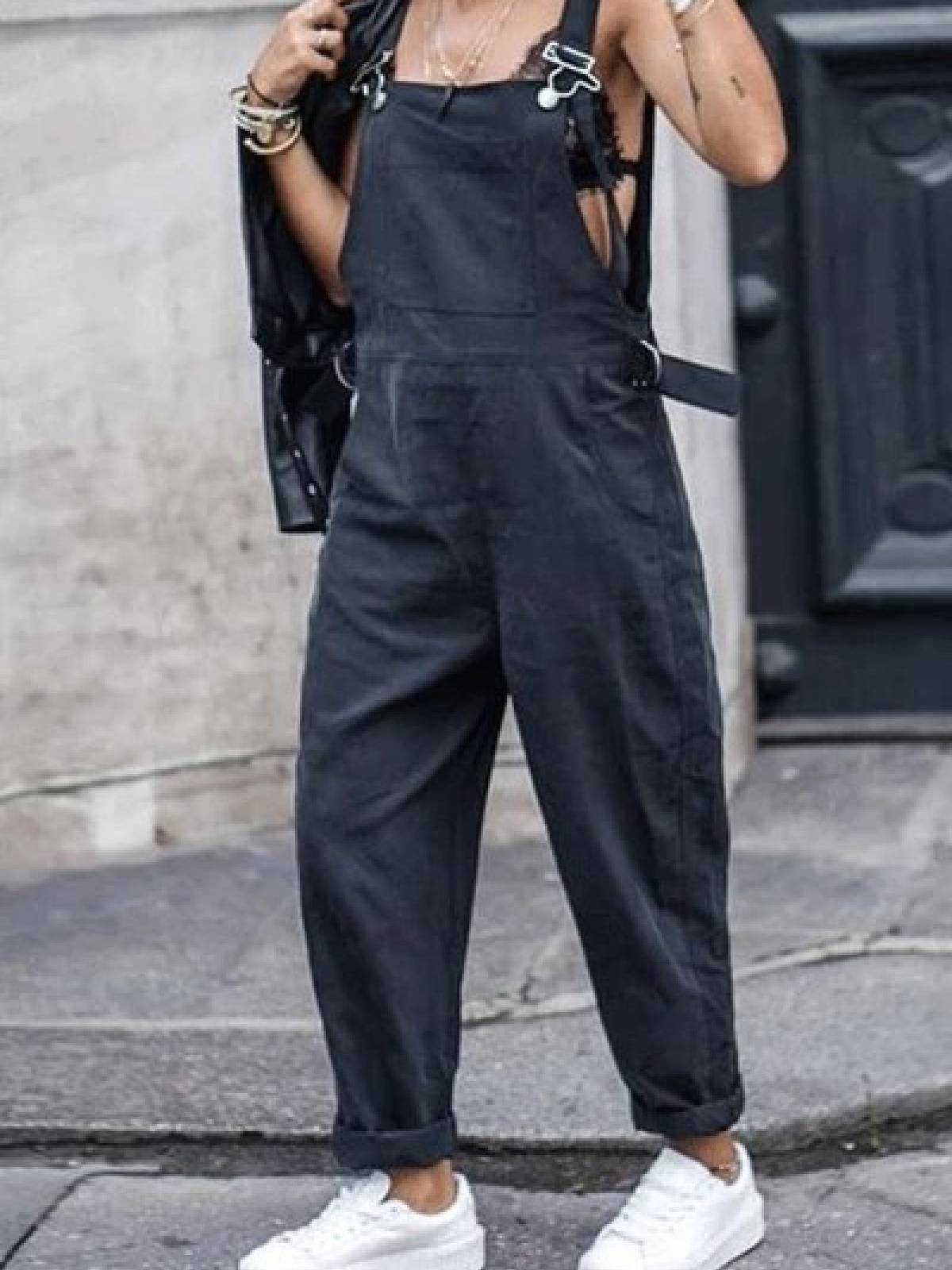 Black Shift Linen Plain Casual One-Pieces