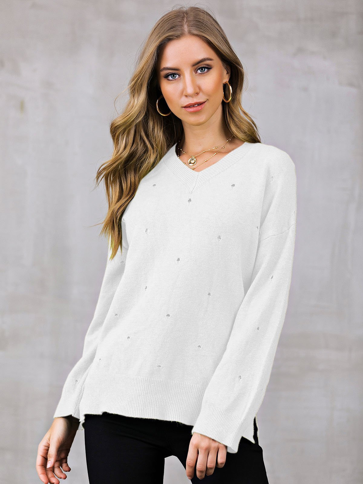 Eyelet Shift V Neck Casual Sweaters