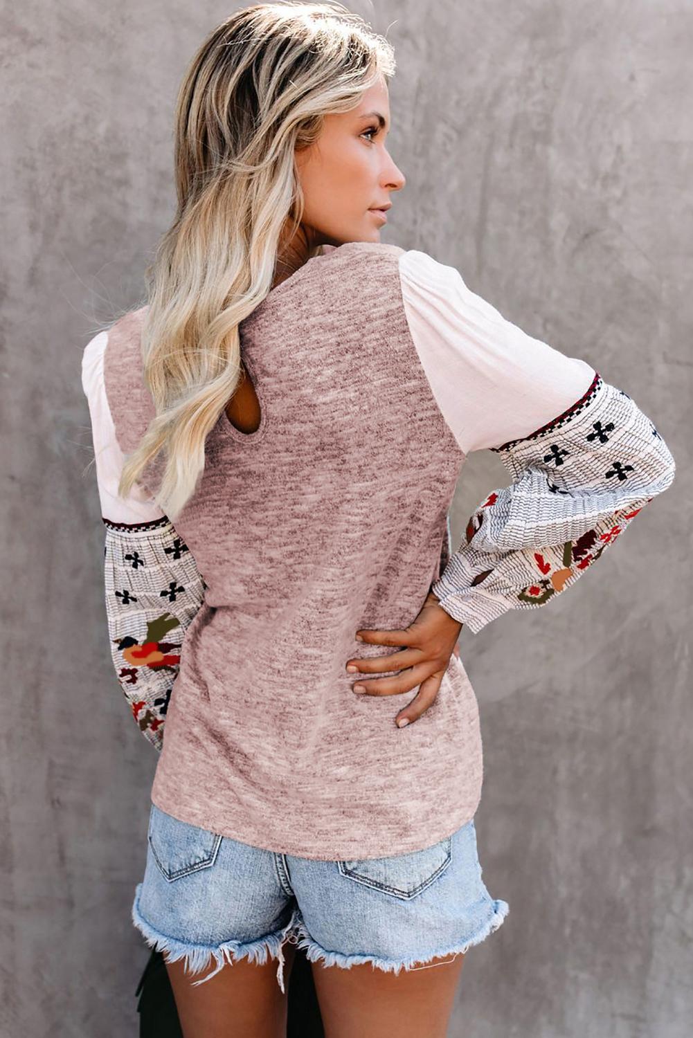 Pink Contrast Printed Sleeve Knit Sweatshirts