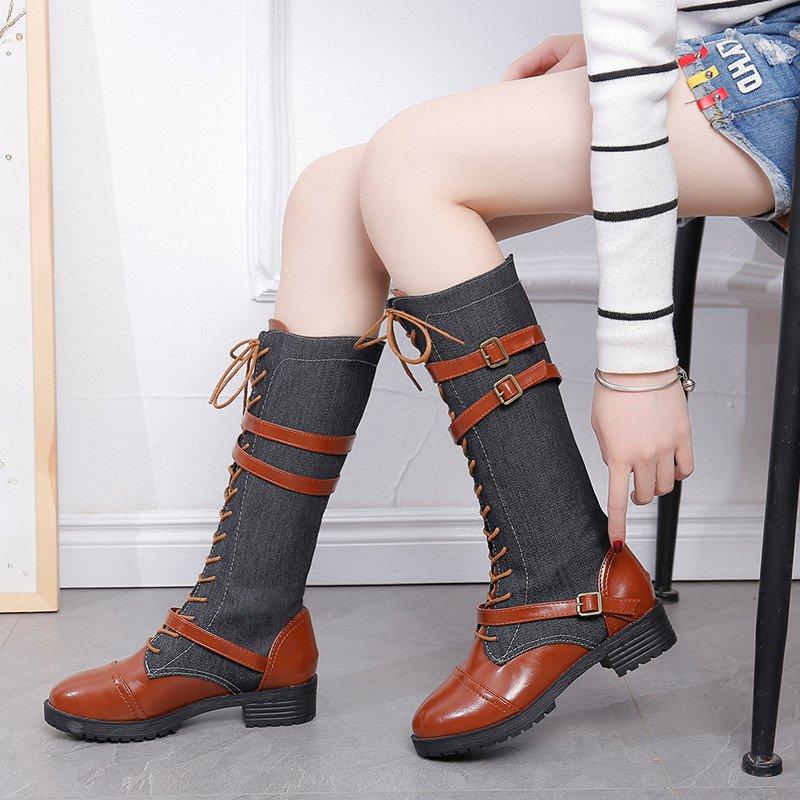 Vintage Lace Up Mid-calf Boots Adjustable Buckle Casual Low Heel Paneled Boots
