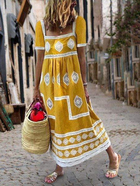 Plus Size Women Short Sleeve Vintage Floral Casual Dresses