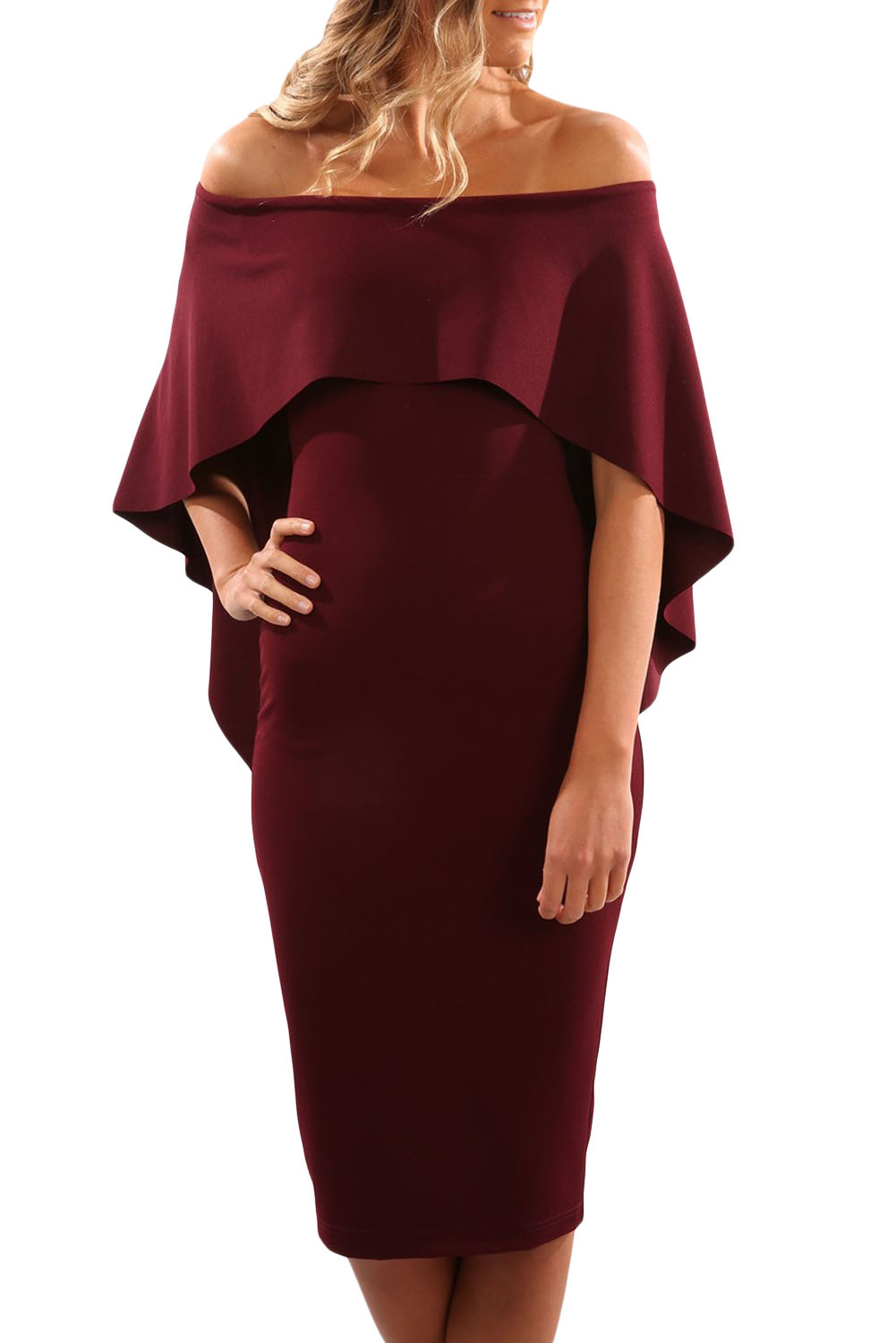 Wine Luxurious Off Shoulder Batwing Cape Midi Dress