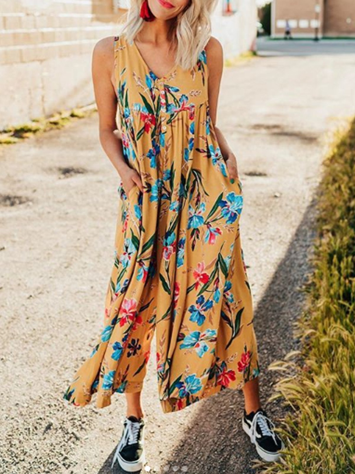 Yellow Patchwork Holiday V Neck One-Pieces