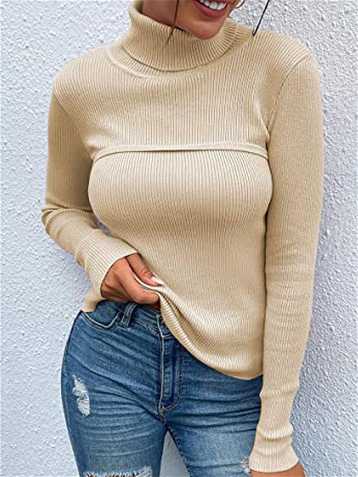 Elegant Striped Knitted Solid Color Slim-Fit Turtleneck Pullover Sweater
