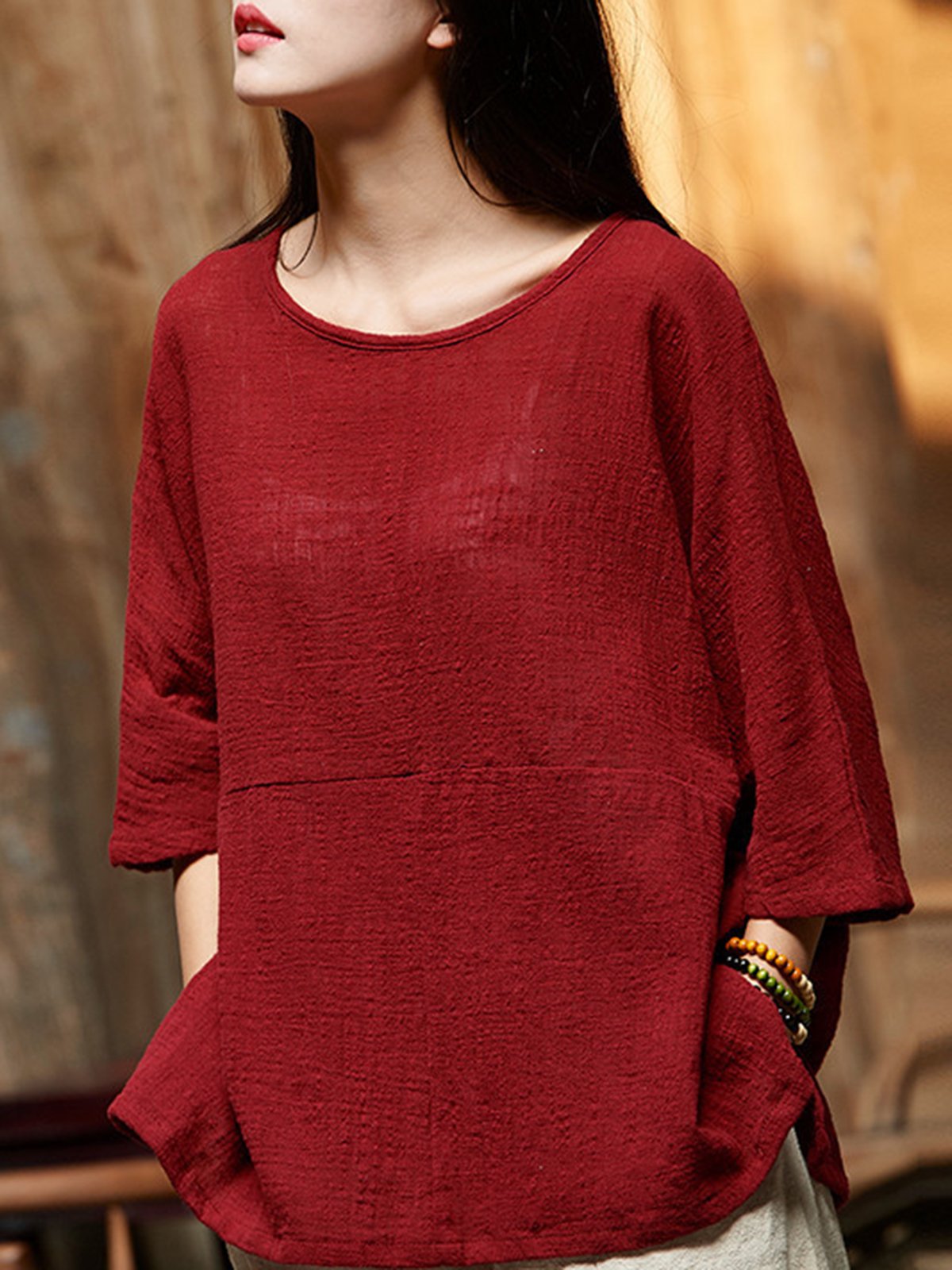 Cotton Linen Paneled Casual T-Shirt