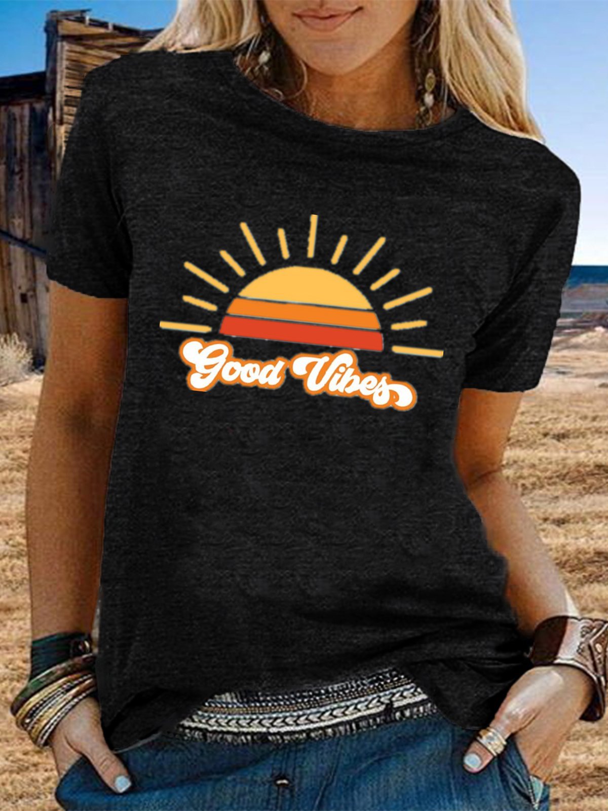 Vintage Short Sleeve Sunshine Good Vibes Letter Printed Plus Size Casual Tops