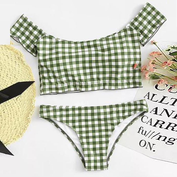 Bikini model nou, culoare uni, din tartan format din două piese