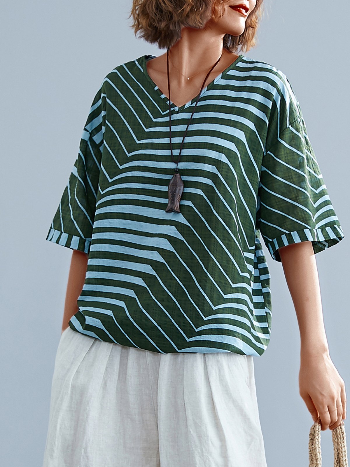 Vintage Striped Floral Loose Short Sleeve V Neck Casual Tops