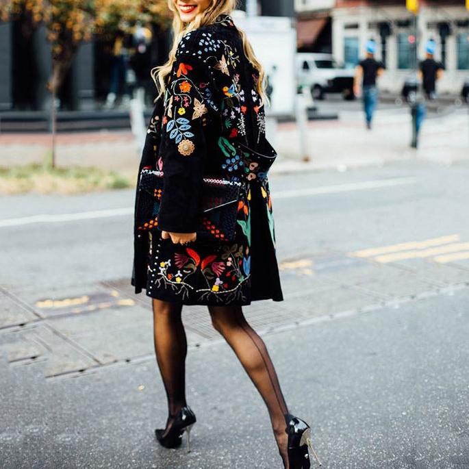 Fashion Flower Printed Lapel Collar Loose Coat