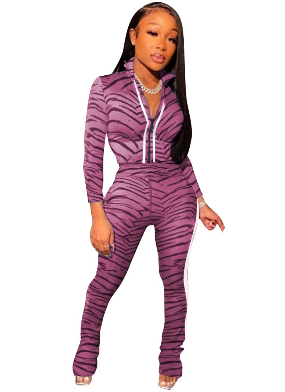 Autumn Zebra Print Zipper Crop Top and Pants Set