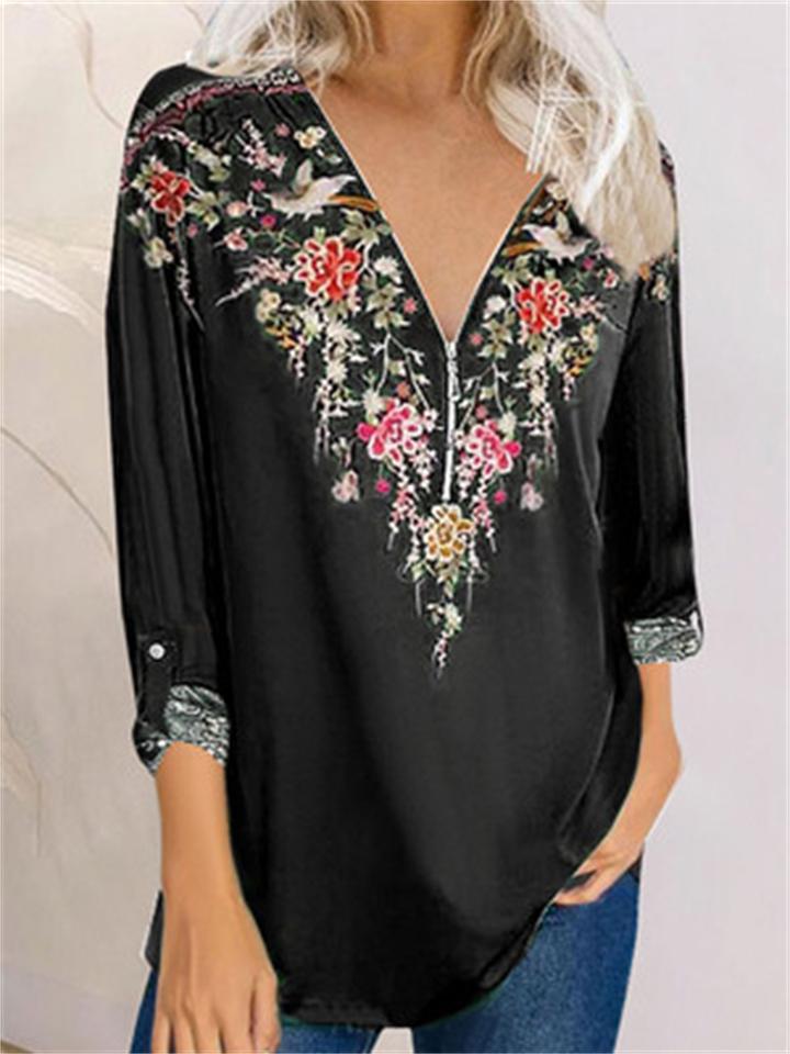 Retro Style Printed Temperament Zipper Long-Sleeved Deep V-Neck T-Shirt