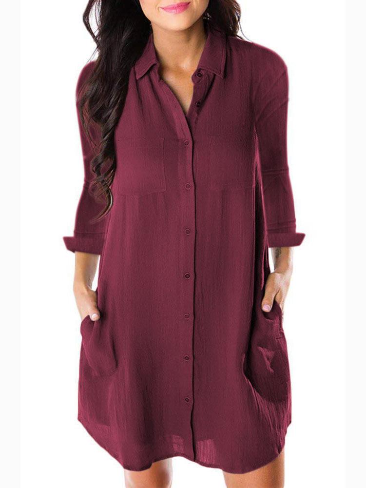 Cotton-Blend Casual Long Sleeve Solid Dresses