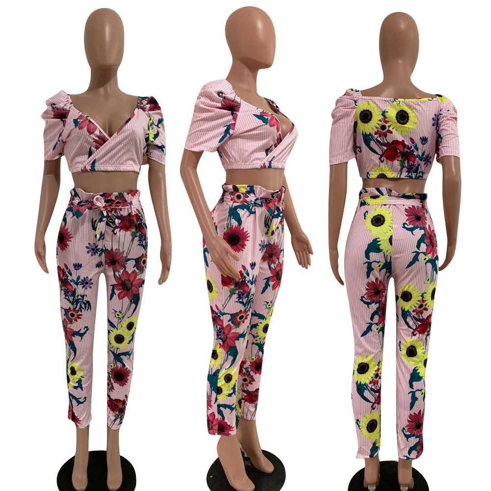 Print Flower Wrap Crop Top and Pants