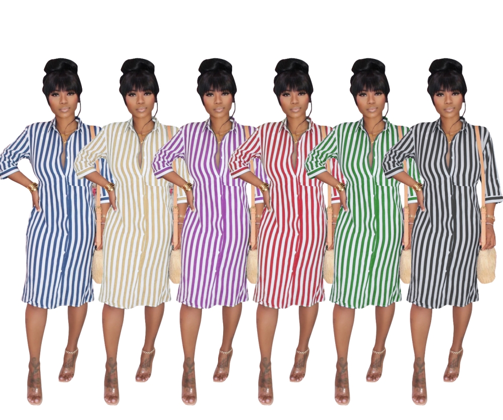 Fall Striped Blouse Dress with 3/4 Sleeves