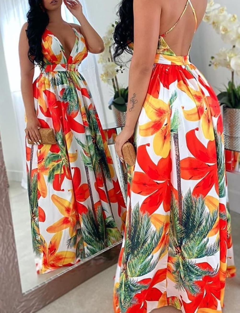 Sexy Floral Deep-V Halter Long Dress