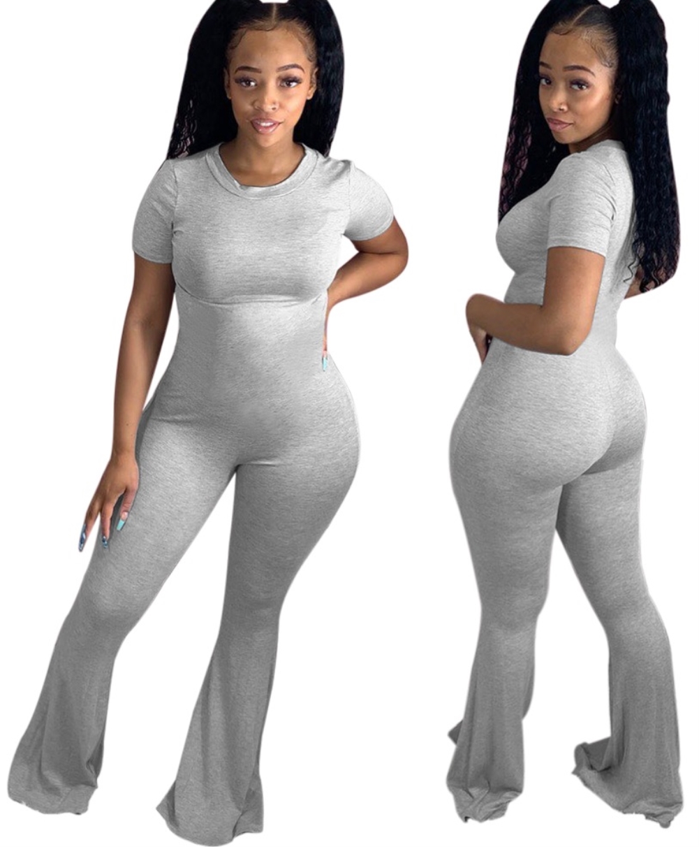Solid Color Bell Bottom Jumpsuit with Short Sleeves