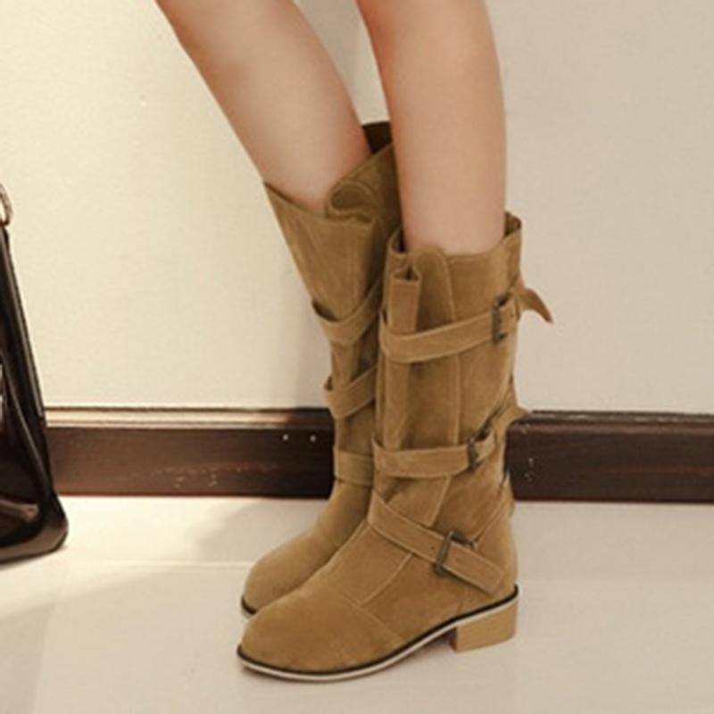 Vintage Plus Size Chunky Heel Mid-Calf Boots  With Adjustable Buckle