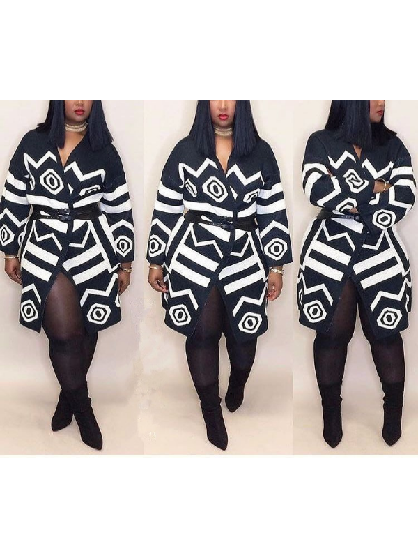 Long Sleeve  Vintage V Neck Geometric Printed Coat