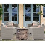 HOMPUS Outdoor Patio Furniture 4-Piece Gray Wicker Conversation Sofa Set Armchairs w 32-inch Round Imitation Stone Fire Pit Table, 40,000 BTU for Garden, Pool, Backyard