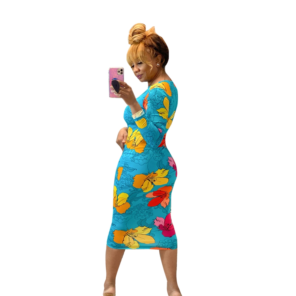 African Floral Long Sleeve Midi Dress