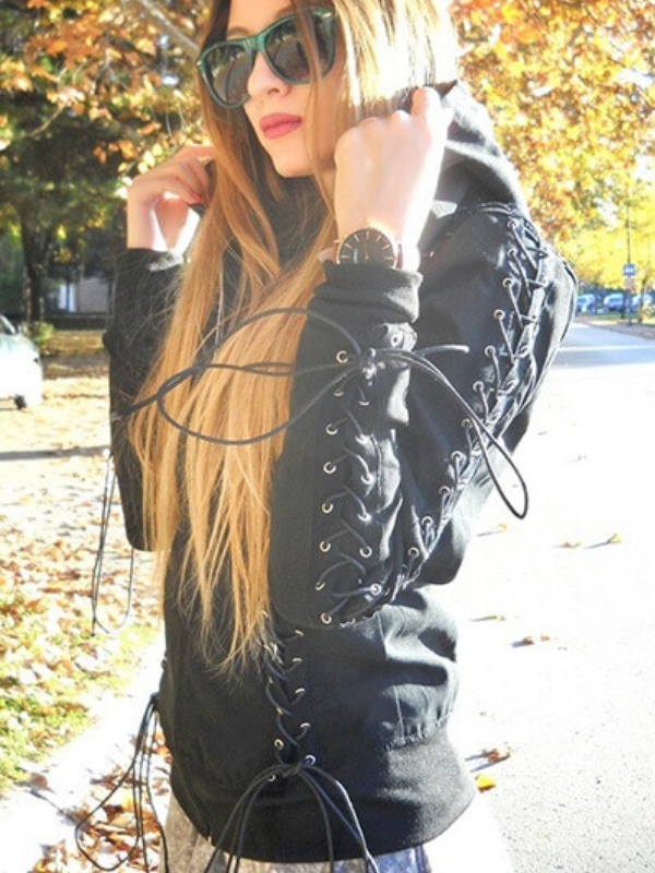 Criss-cross Tie Long Sleeve Hoodie Polyamide Coat