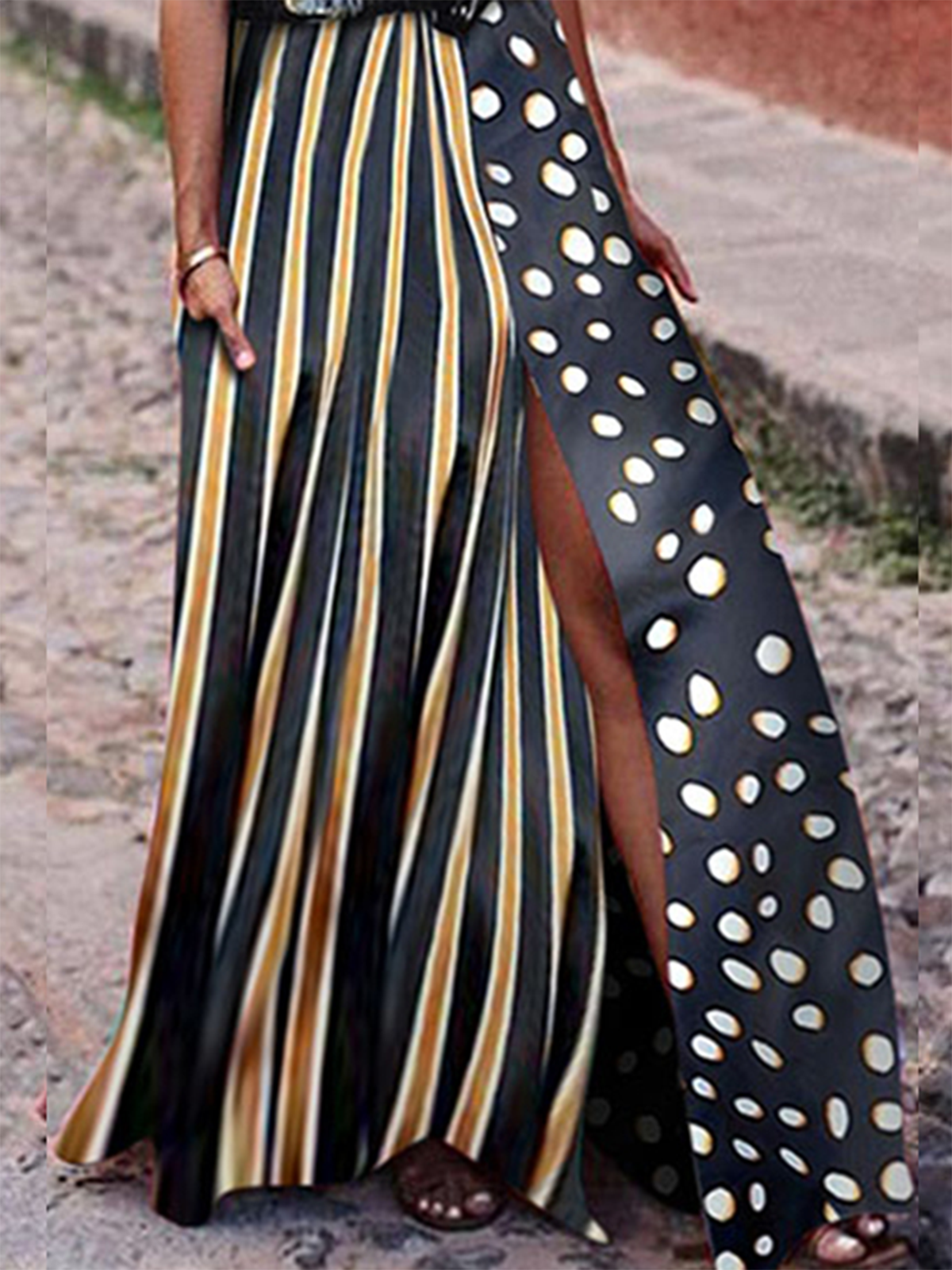 Black Striped Polka Dots Elegant Midi Dress