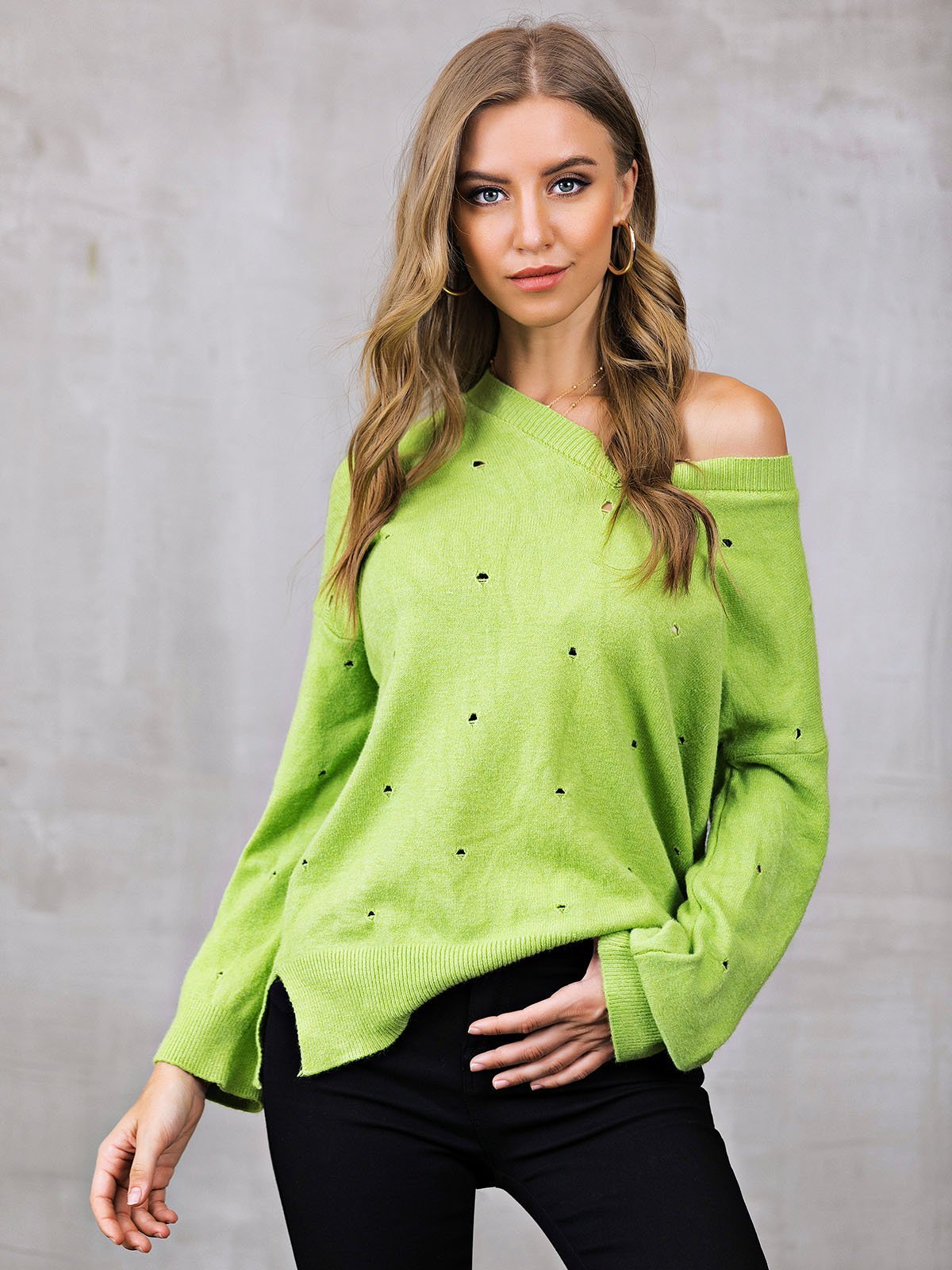 Eyelet Shift V Neck Casual Sweaters