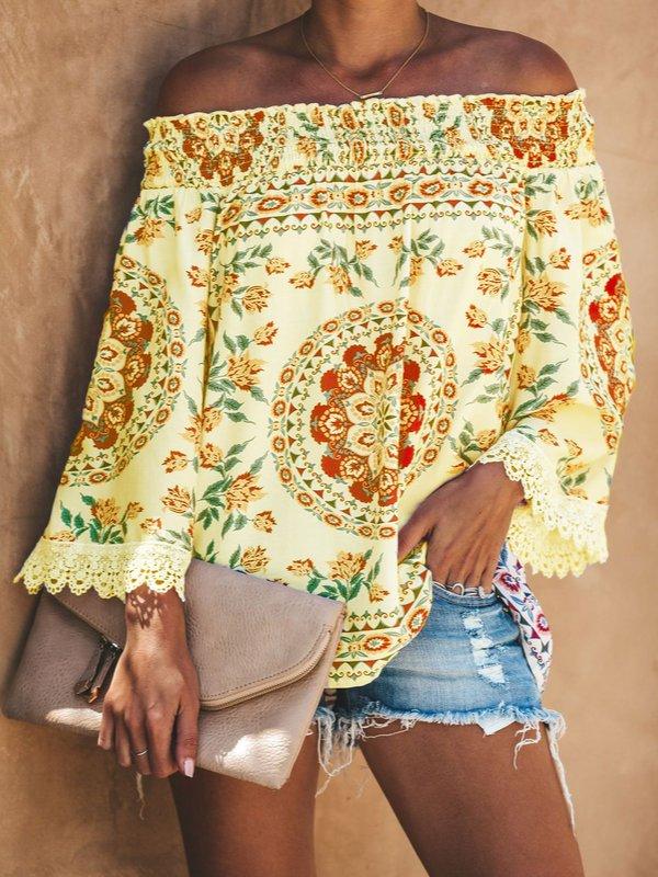 Printed Casual Off Shoulder Shirts & Tops
