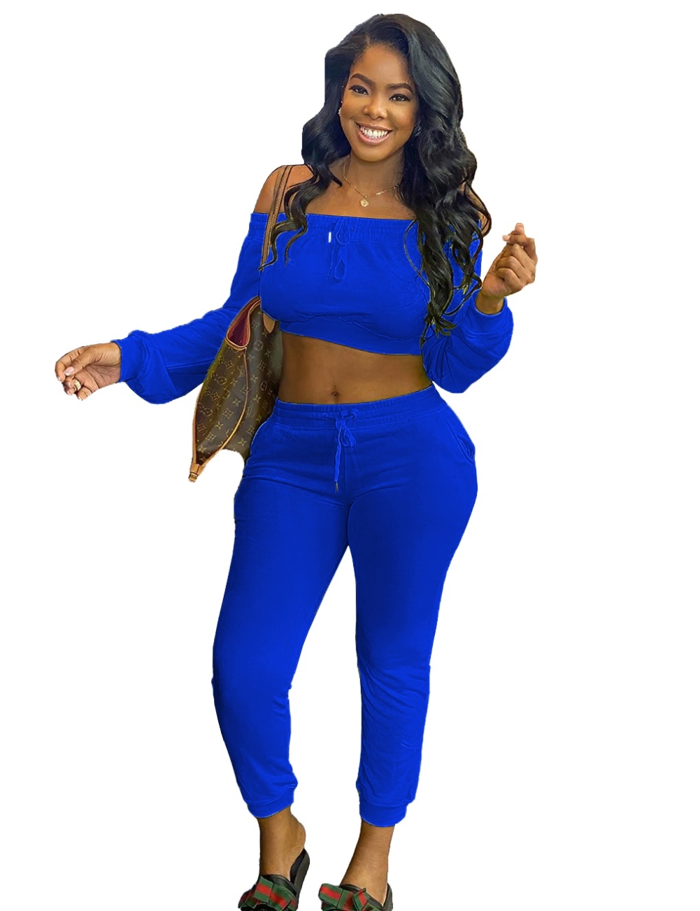Casual Plain Off Shoulder Long Sleeve Crop Top and Track Pants Set