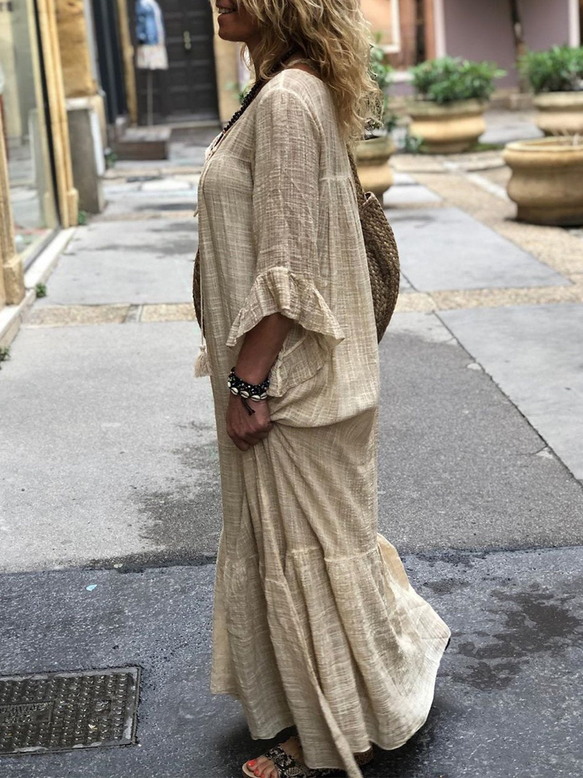 Ruffled Casual V Neck 3/4 Sleeve Dresses