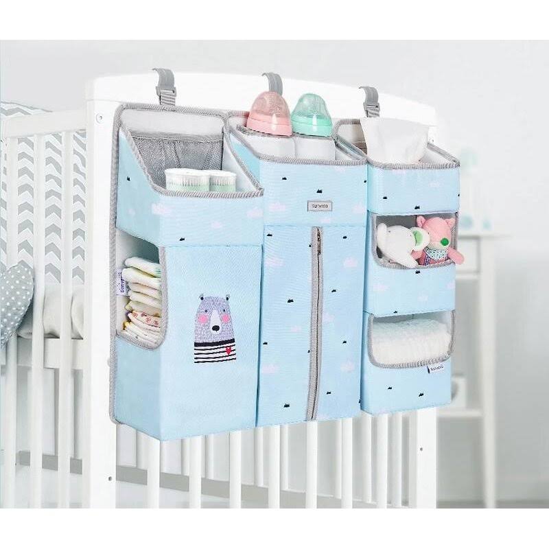 (Grey L) Portable Baby Crib Organizer, Bed Hanging Bag, Essentials, Diaper Storage, Cradle Bedding Set