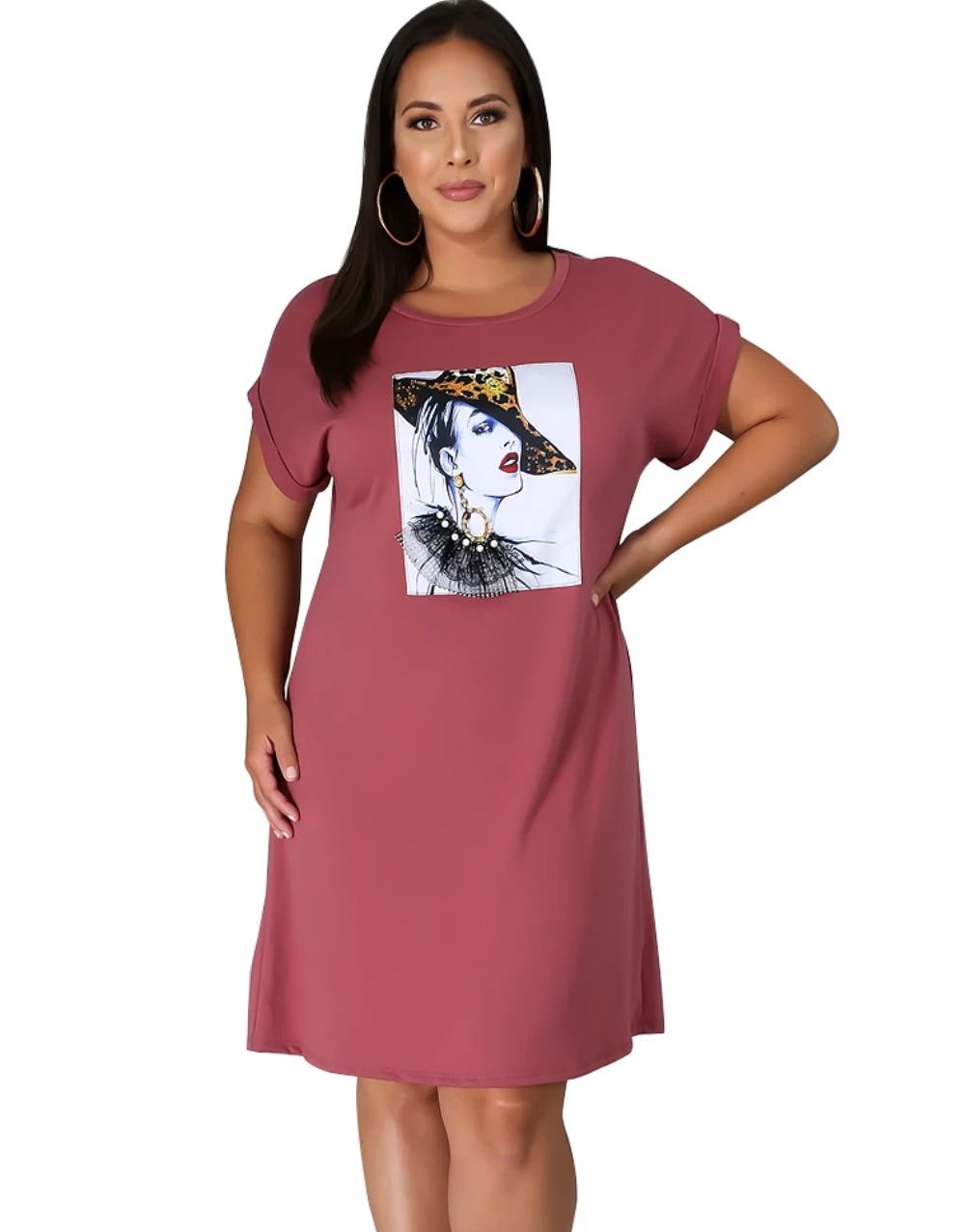 Plus Size Character Print O Neck Shirt Dress