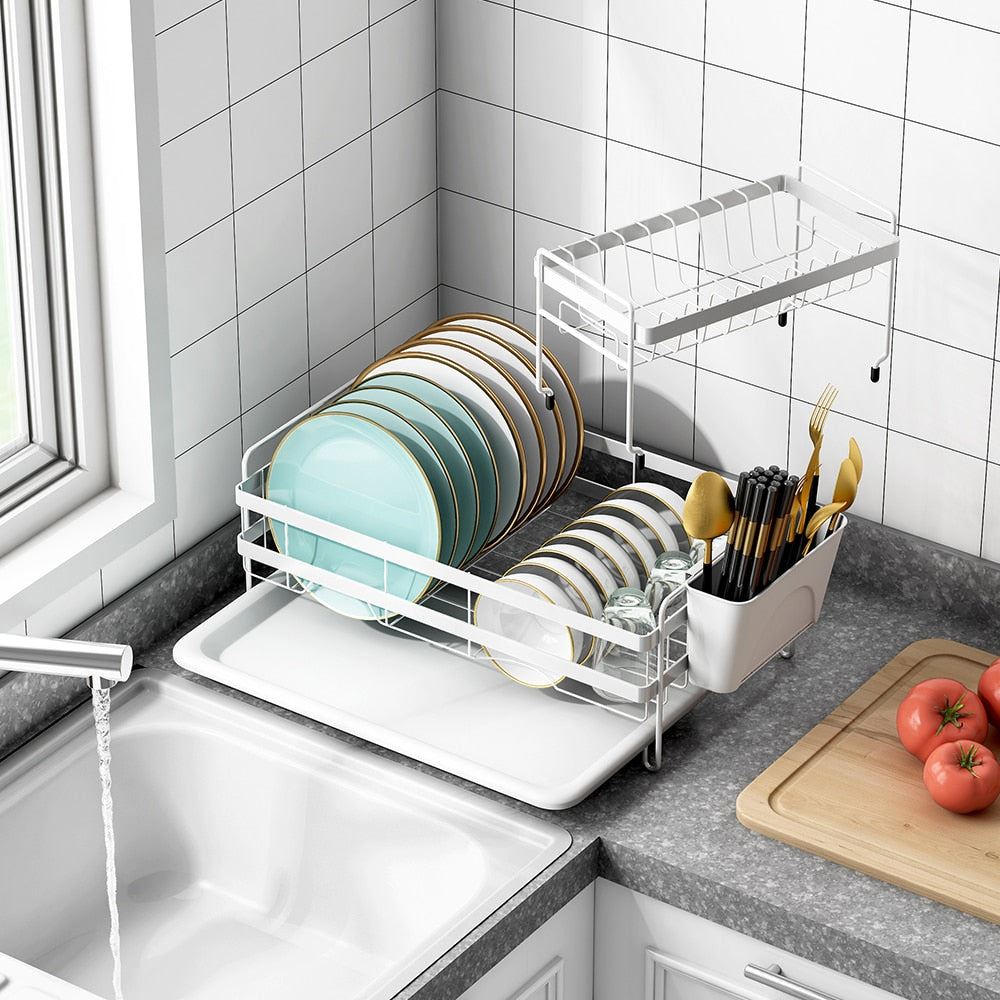 2 Tier Dish Drying Racks with Utensil Holder, Dishes Drainer and Removable Drainboard