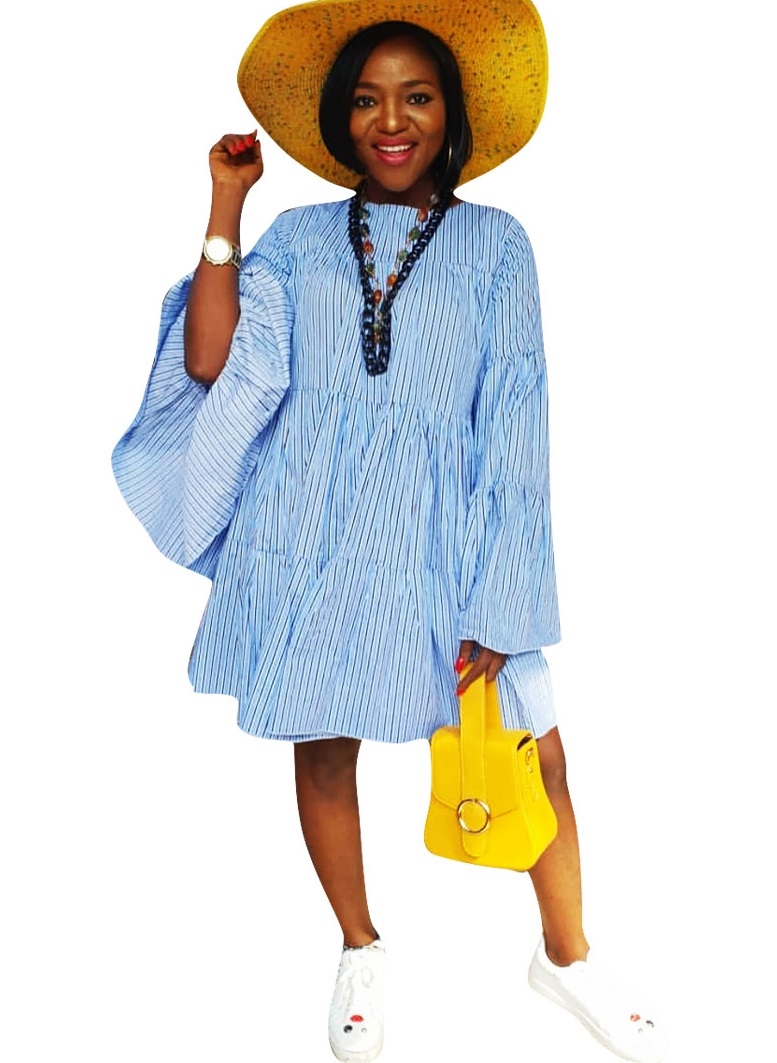 A-Line Blue Stripes Shirt Dress with Wide Sleeves