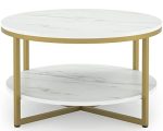 Round Coffee Table with Gold Metal Legs & Open Storage Shelf for Living Room