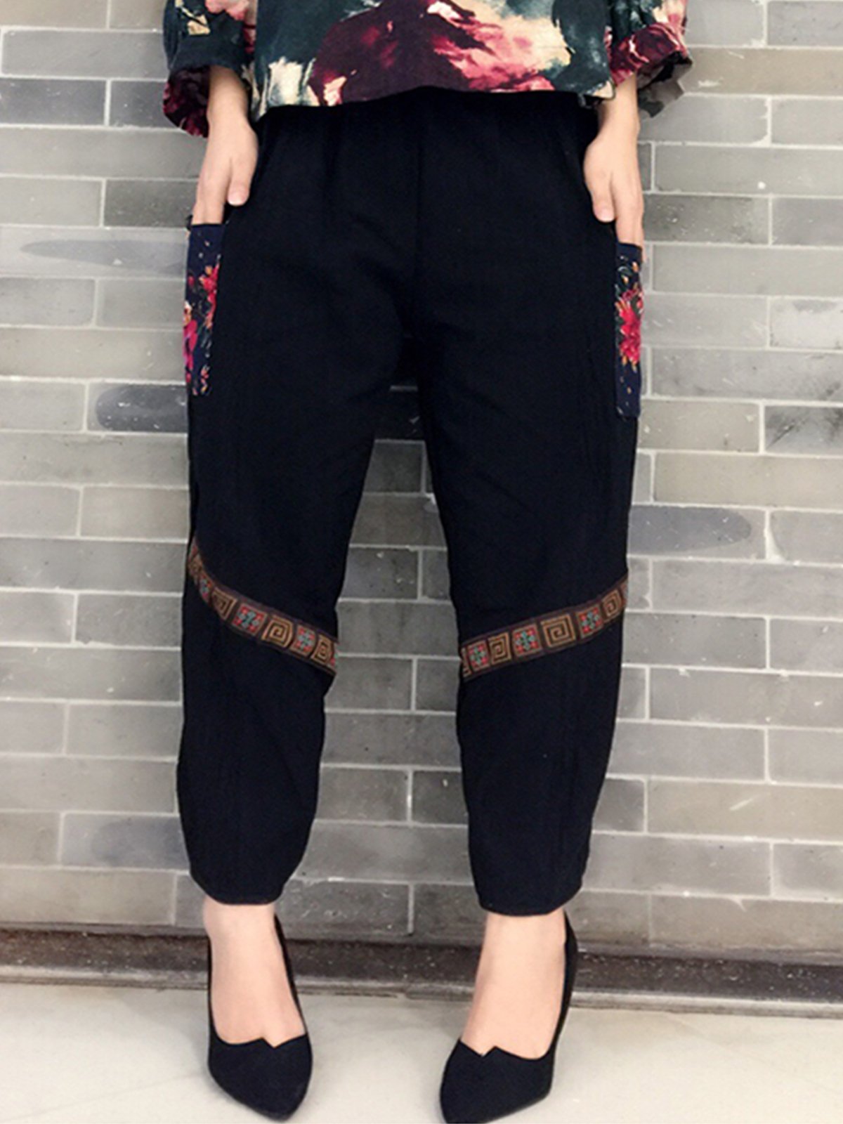 Casual Cotton and Linen Patch Harem Pants With Pockets