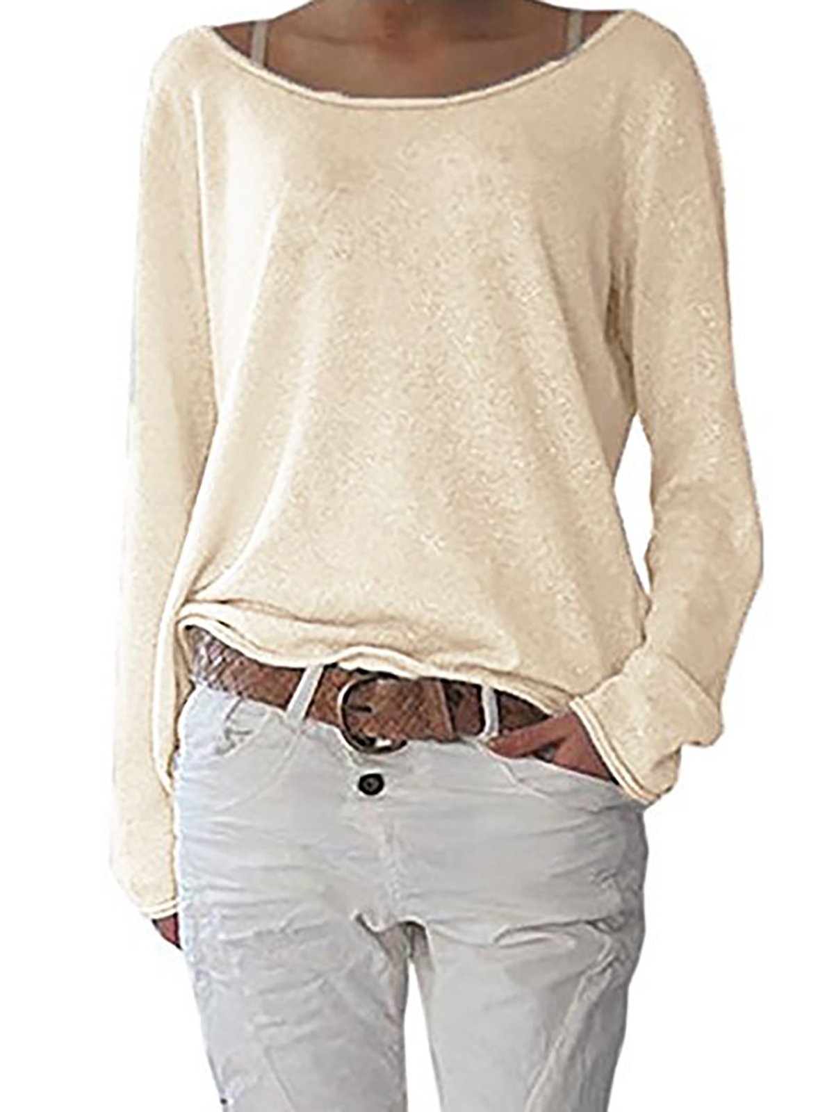 Crew Neck Long Sleeve Cotton Solid T-Shirt