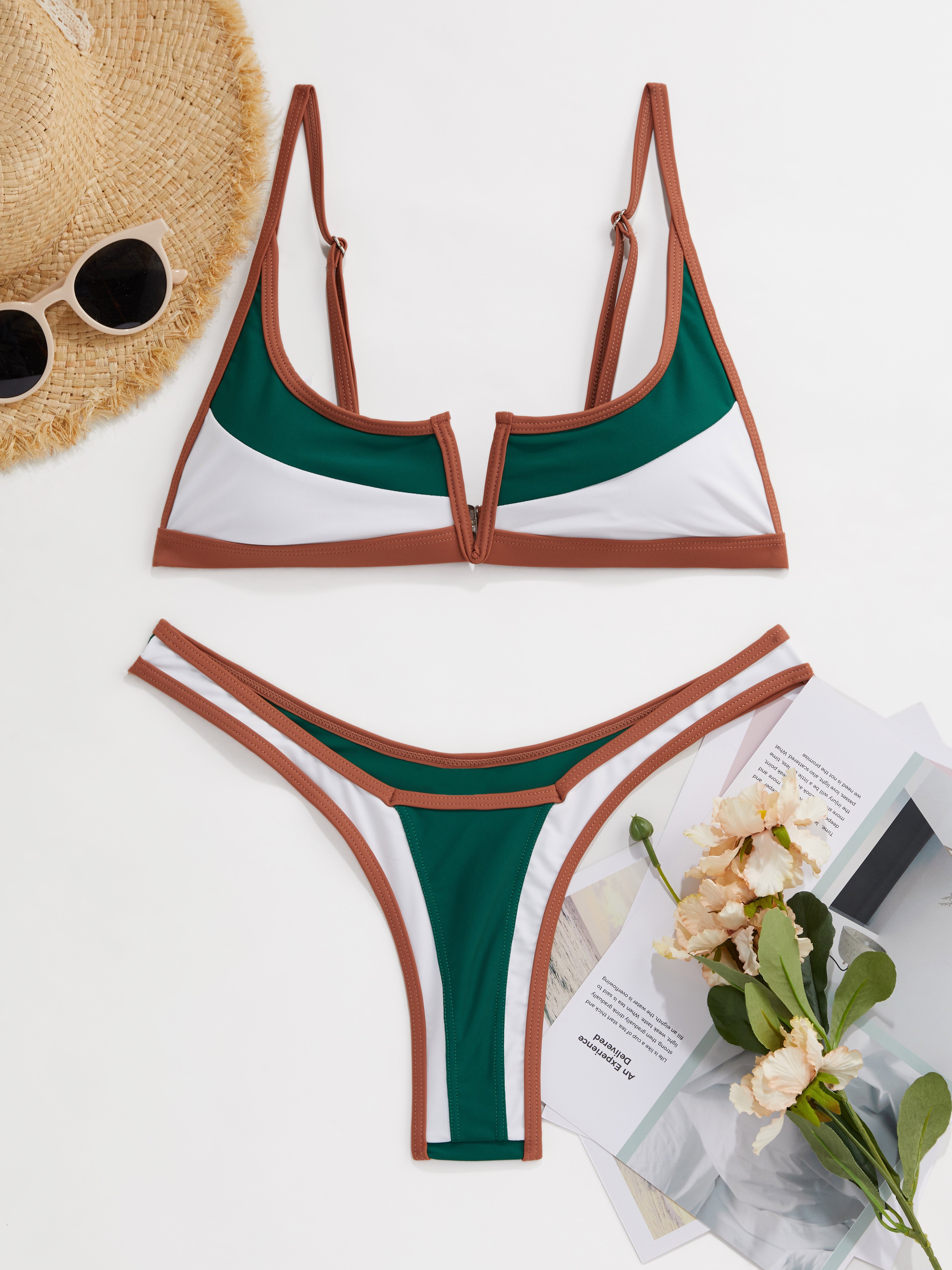 Retro Color Block V Notch Bikini