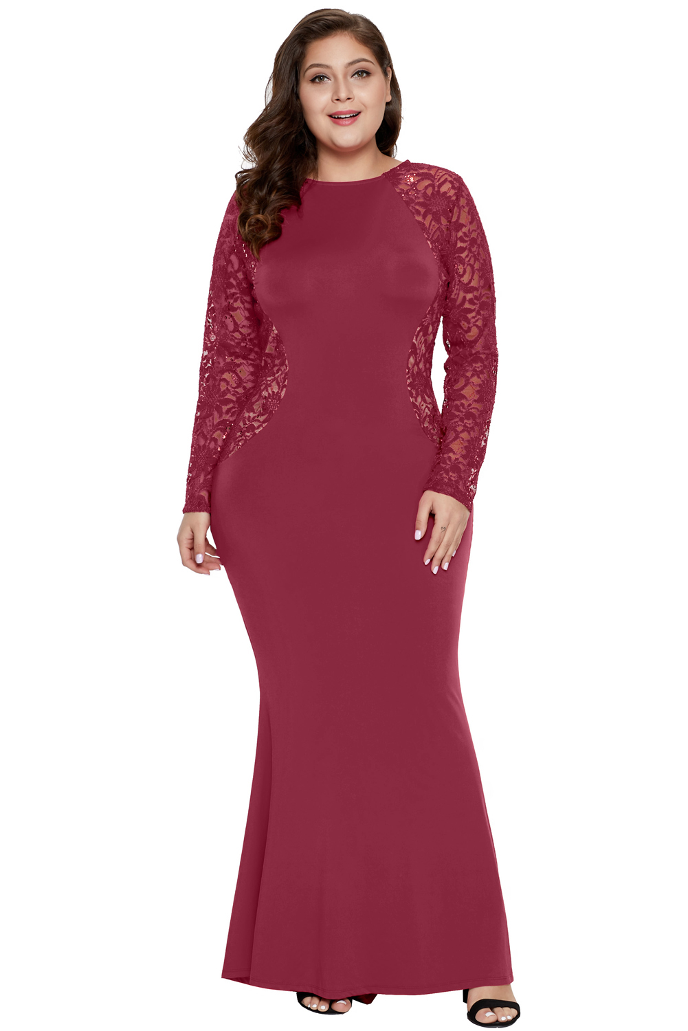 Red Lace and Knit Plus Size A-line Gown