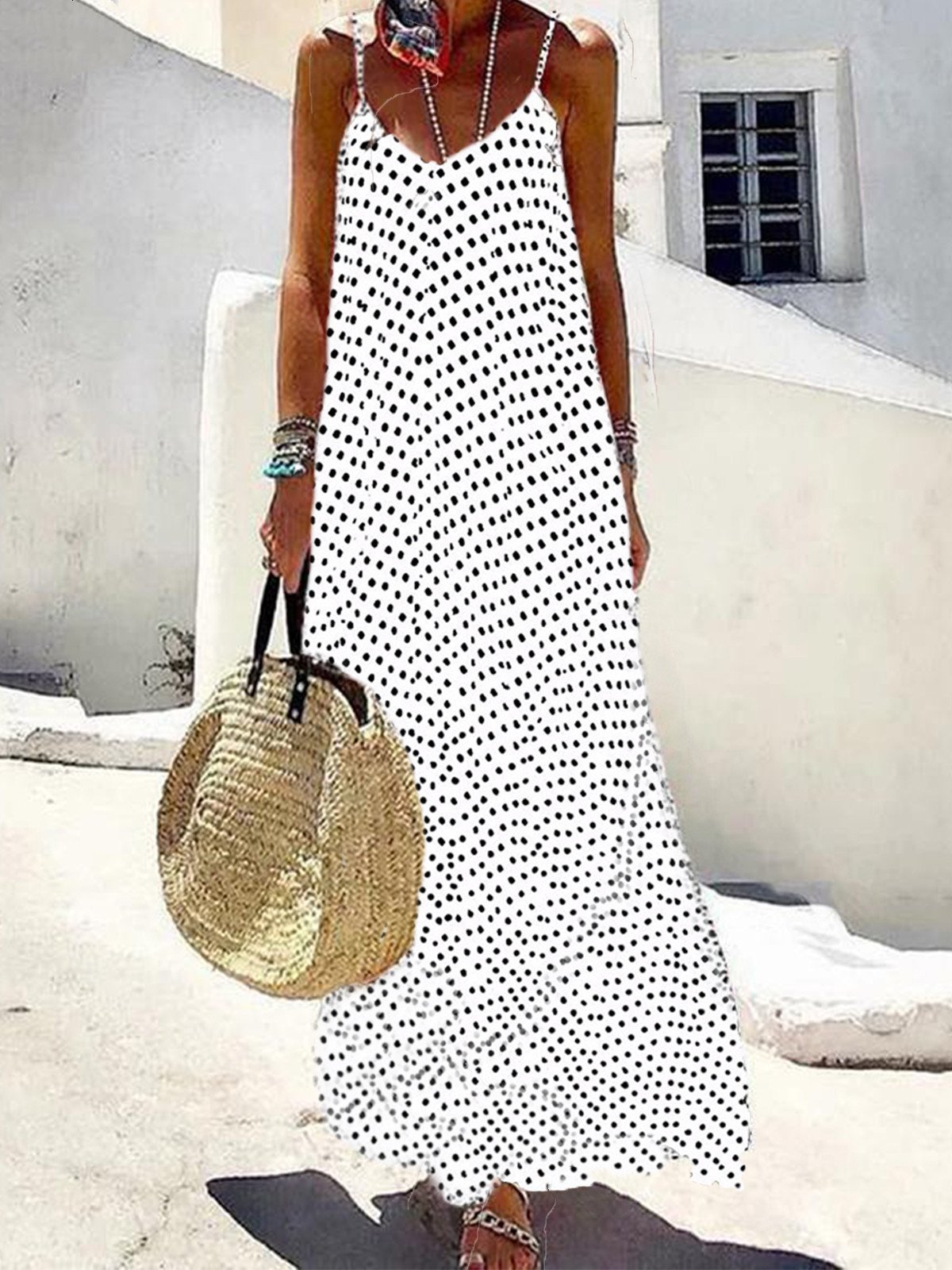 Polka Dots Casual V-neck Sleeveless Pockets Midi Dress