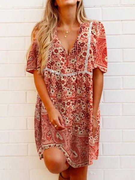 Multicolor Short Sleeve Casual V Neck Dresses