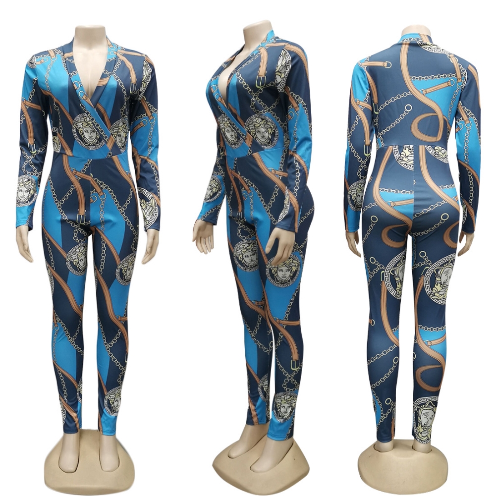 Print Long Sleeve Wrapped Bodycon Jumpsuit