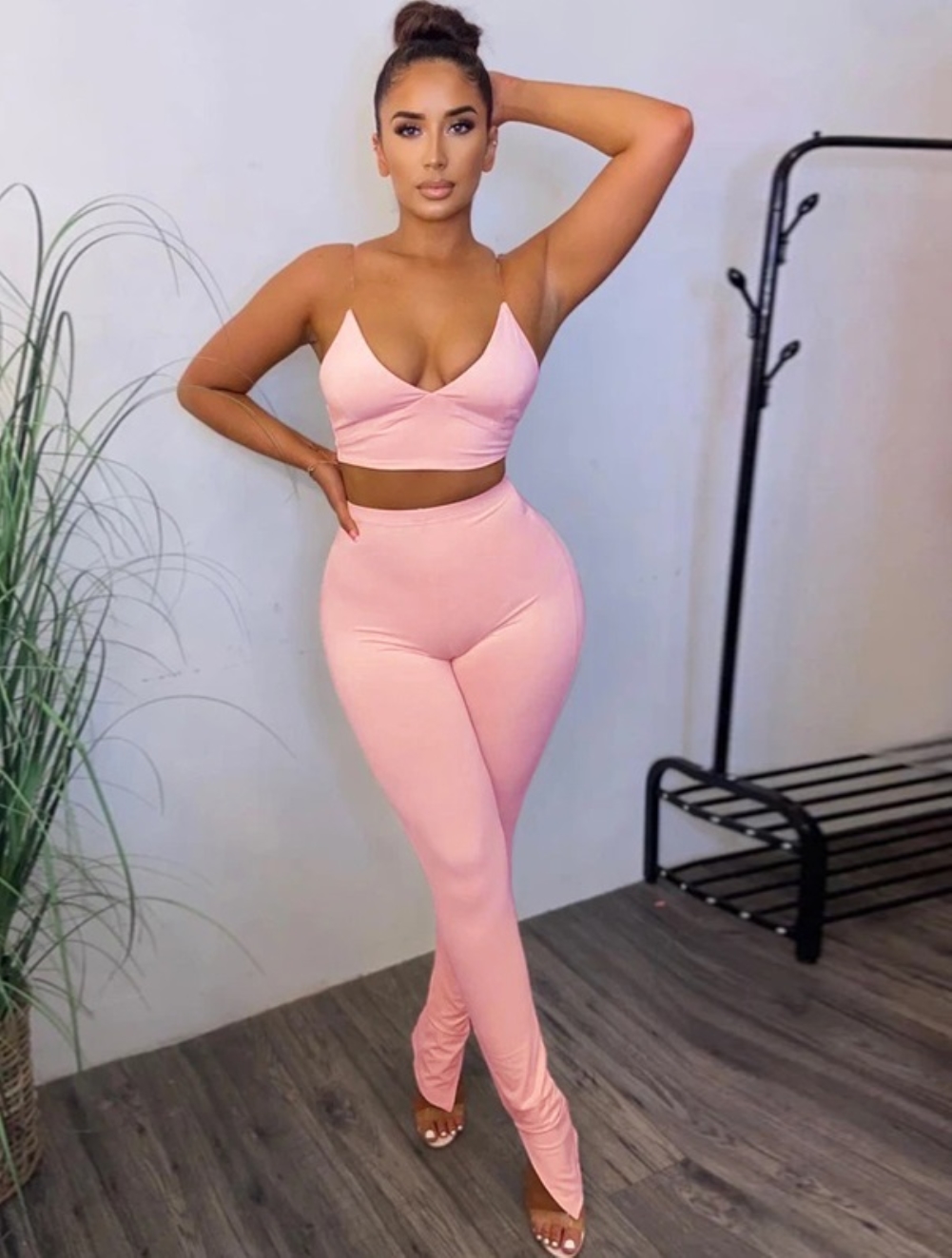 Solid Color Sexy Strap Crop Top and High Waist Pants Set