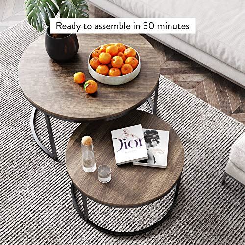 Stella Round Modern Nesting Coffee Tables w/ Wood Finish & Metal Frame / Set of 2