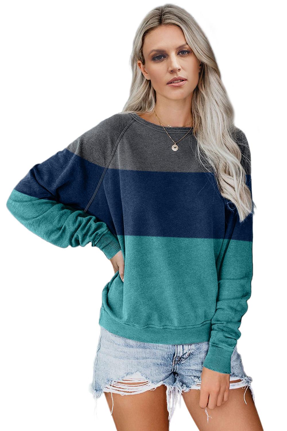 Green Raglan Sleeve Color Block Pullover Sweatshirt