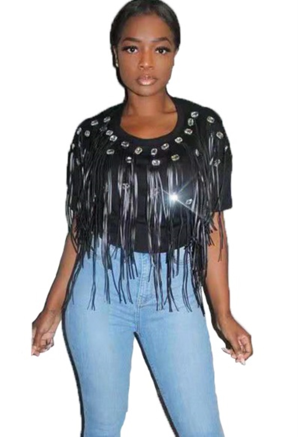 Black O-Neck Fringe Party Top